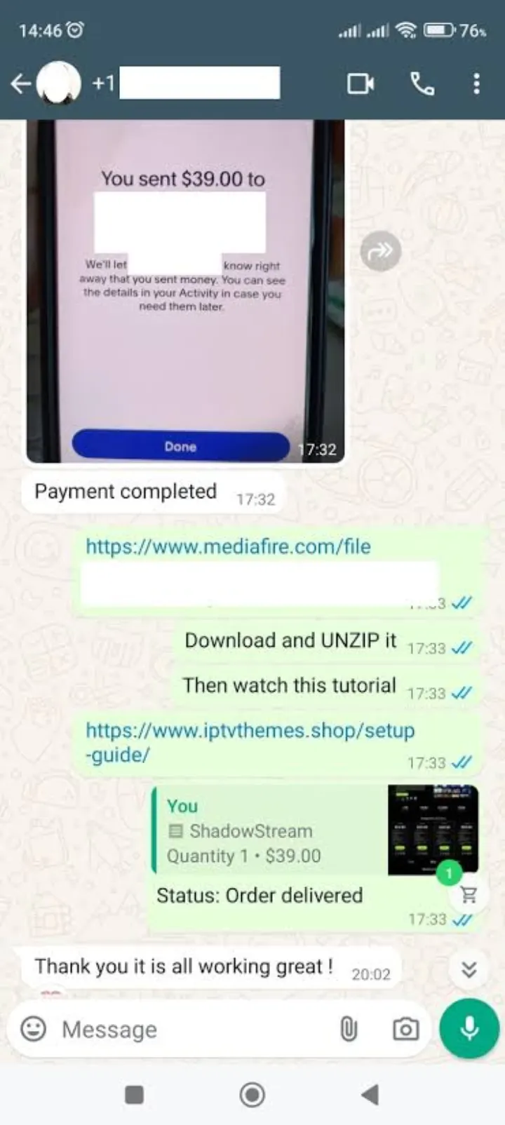 WhatsApp support chat: Pagato e attivo